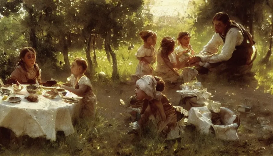 Prompt: simple villager and children about to eat a meal together, art by anders zorn, wonderful masterpiece by greg rutkowski, beautiful cinematic light, american romanticism thomas lawrence, greg rutkowski