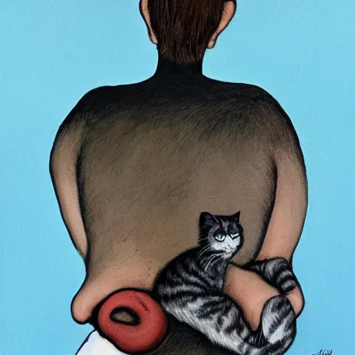 Image similar to a detailed portrait painting of a man with a cat on his back by gerald scarfe