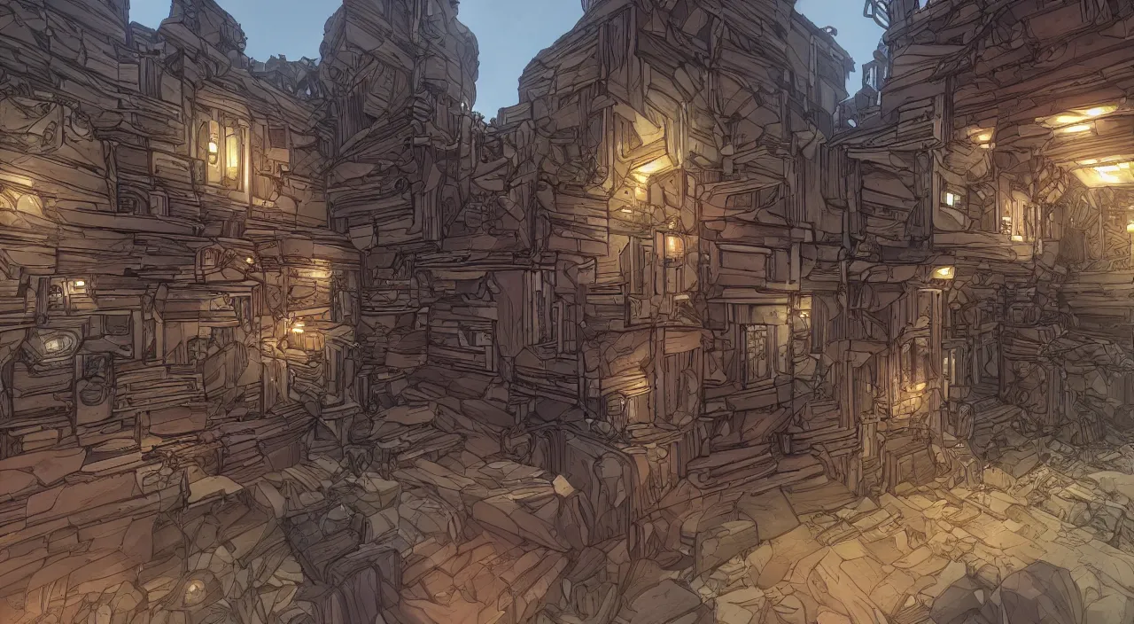 Image similar to wood wall fortress greeble block amazon jungle portal door unknow world global illumination ray tracing ambiant torch fornite that looks like it is from borderlands and by feng zhu and loish and laurie greasley, victo ngai, andreas rocha, john harris