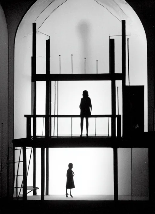 Prompt: a bright silhouette hovers above the ground inside of a hall. liminal, cozy, set design by alessandra querzola ( 1 9 8 8 )