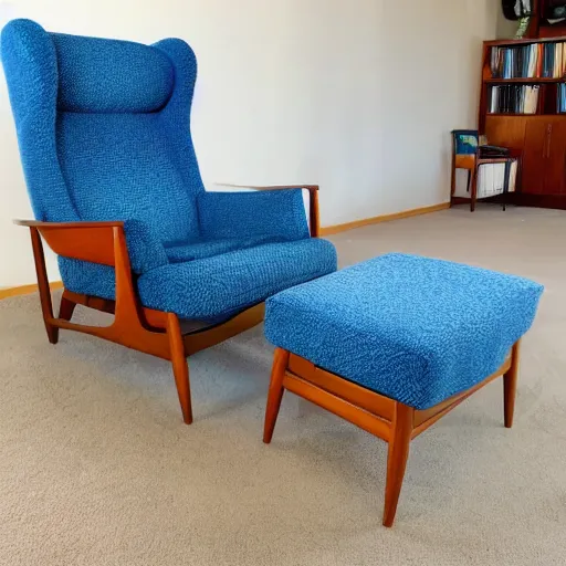 Image similar to a soft comfortable long chair, birch wood, tall, mid century modern, with an antique blue cotton ottoman