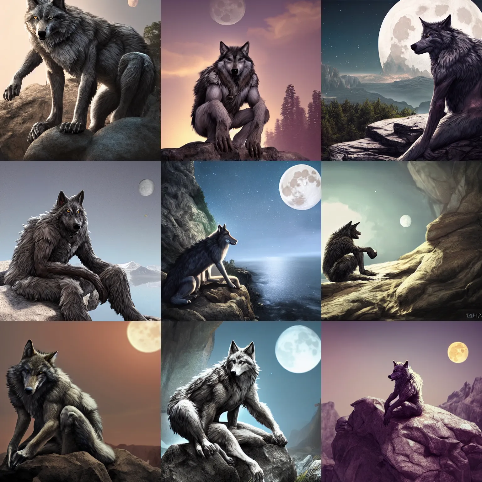 Prompt: a wolf man hybrid sitting on a rock looking at the moon, intricately detailed, physically based rendering, realistic, in the style of WLOP, illustration, epic, fantasy, hyper detailed, smooth, unreal engine, sharp focus, ray tracing