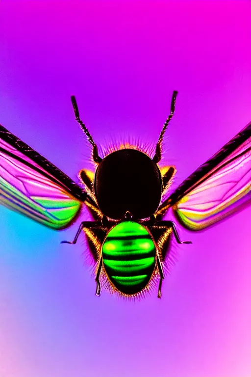 Prompt: high quality macro photo iridescent rococo fly! jeweled gorgeous! highly detailed digital art david ligare elson peter cinematic purple neon lighting high quality low angle hd 8k sharp shallow depth of field