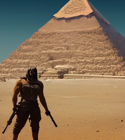 Image similar to a beefy man with a machine gun, egyptian pyramid in the background, 4 k, sharp focus, real life photo, highly detailed, cinematic, photorealistic, cyberpunk, book cover