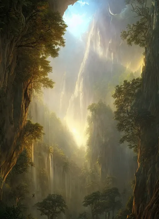 Prompt: detailed valley of very tall thing trees, light shafts, stunning atmosphere, naturalistic art by asher brown durand, inspired by greg rutkowski and peter mohrbacher