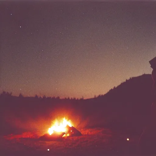 Image similar to grainy 90s poloraid photo of a young woman near a campfire, looking up into the sky