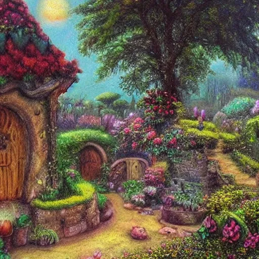 Prompt: garden in an elven village, fantasy, pastel