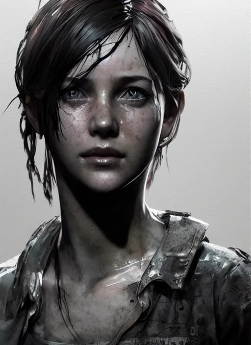 Image similar to full figure elle from last of us, hyperrealistic, by yoji shinkawa and by jeremy mann and alphonse mucha, fantasy art, photo realistic, dynamic lighting, artstation, poster, volumetric lighting, very detailed face, 4 k, award winning