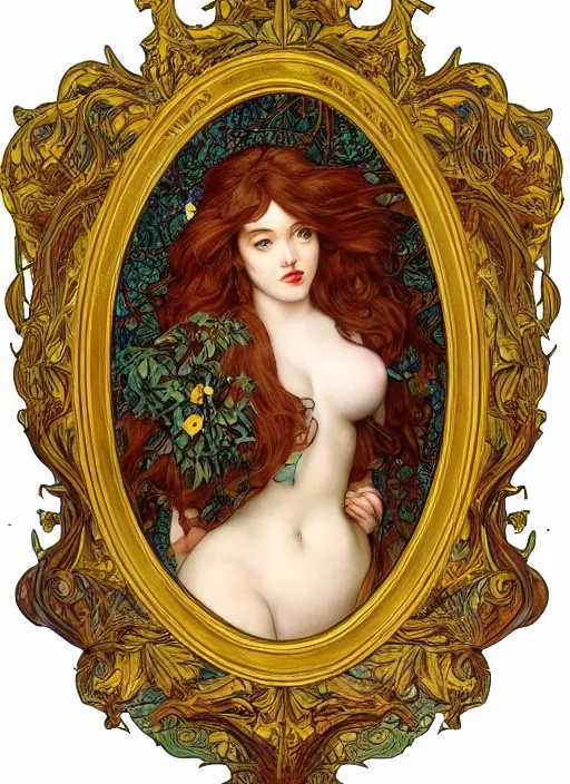 Prompt: masterpiece beautiful seductive flowing curves pinup pose preraphaelite portrait photography, extreme closeup face shot, straight bangs, thick set features, yellow ochre ornate medieval dress, amongst foliage mushroom forest circle arch, william morris and kilian eng and mucha, framed, 4 k