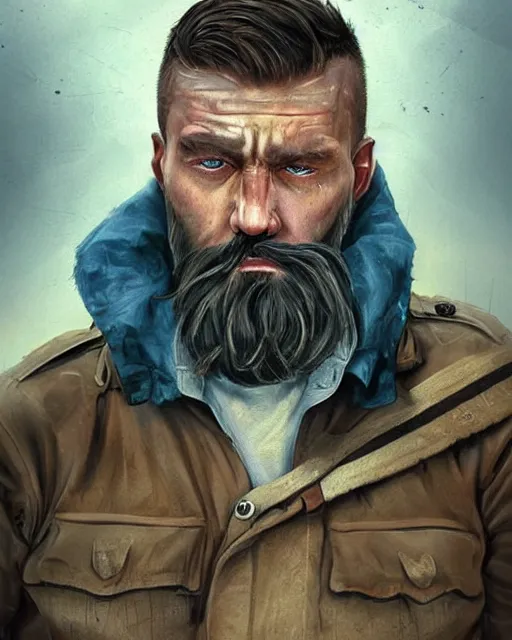 Image similar to portrait of muscular, tired and alcoholic 3 0 - year - old grieving man with short darkblonde hair, serious sad look in his eyes, looking down, dirty beard, blue eyes, crying tears, wearing dirty soldier uniform, on the desert, sad atmosphere, hyper realistic face, character art, art by artgerm, cryengine, trending on artstation, digital art