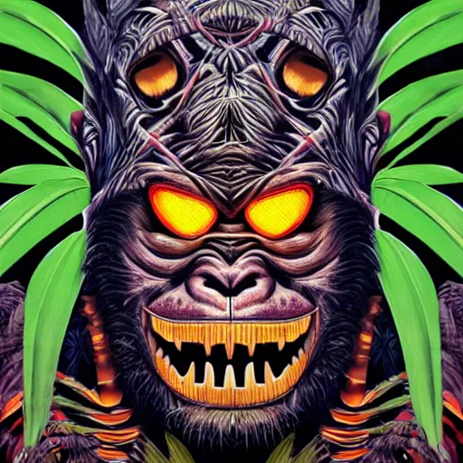 Prompt: barong family member, wiwek, mara demon, abstract, surreal, miami palm tree leaves, wild cat eyes, one single tribe member, jungle, one single mask, dark, ancient warrior, gorilla, king kong, scale skin, tribal, inner glow, art by dan mumford and justin gerard