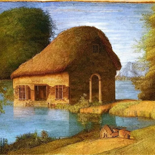 Prompt: cool country home beside the calm lake, painted by leonardo da vinci