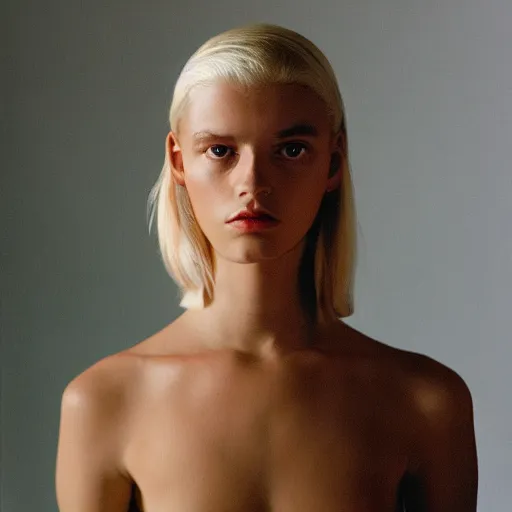 Image similar to realistic photoshooting for a new balenciaga lookbook, color film photography, portrait of a blonde european woman, in style of tyler mitchell, 3 5 mm,