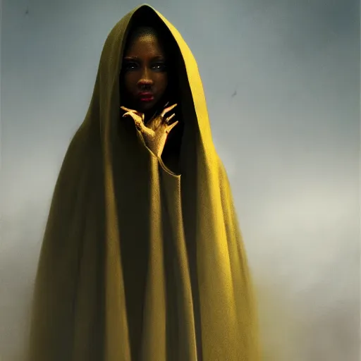 Image similar to a portrait of a young black woman wearing a long dark cloak, hood and shadows covering face, holding golden chains, oil painting, matte painting, black background, Volumetric Golden dappled dynamic lighting, Highly Detailed, Cinematic Lighting, Unreal Engine, 8k, HD, by Beksinski