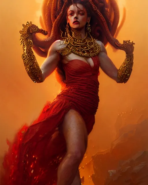 Image similar to fierce medusa in a red and golden dress, fantasy character portrait, ultra realistic, concept art, intricate details, highly detailed by greg rutkowski, gaston bussiere, craig mullins, simon bisley