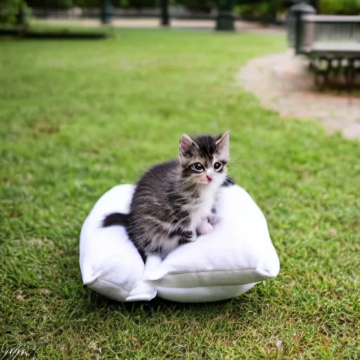 Prompt: A cute little kitten sits on the top of a plush heart-shaped pillow in the park, Canon EOS R3, f/1.4, ISO 200, 1/160s, 8K, RAW, unedited, symmetrical balance, in-frame