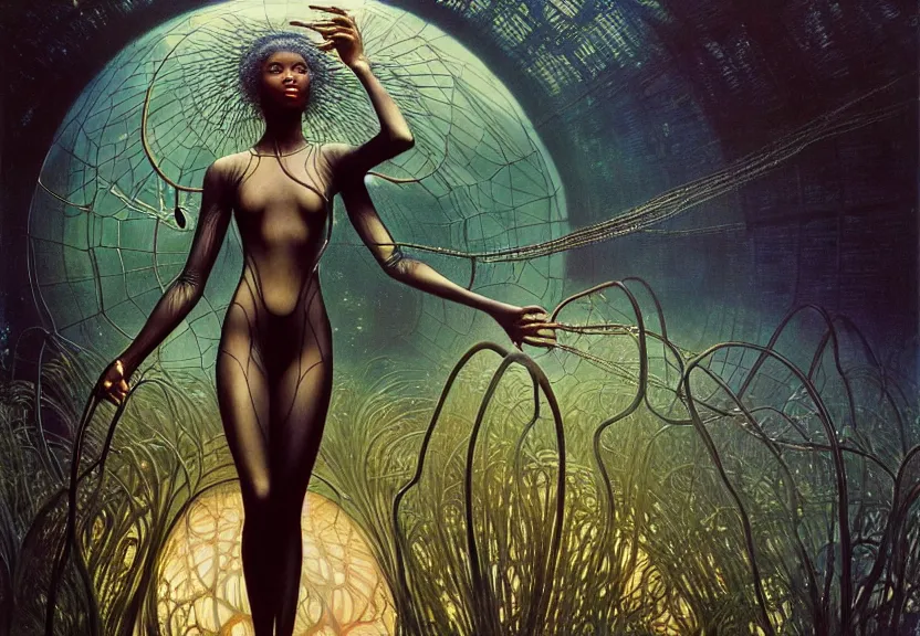 Image similar to realistic detailed portrait movie shot of a beautiful black woman in a transparent sheer suit raincoat dancing with a giant spider, futuristic sci fi landscape background by denis villeneuve, jean delville, monia merlo, ernst haeckel, alphonse mucha, max ernst, caravaggio, roger dean, sci fi necklace, masterpiece, dreamy, rich moody colours