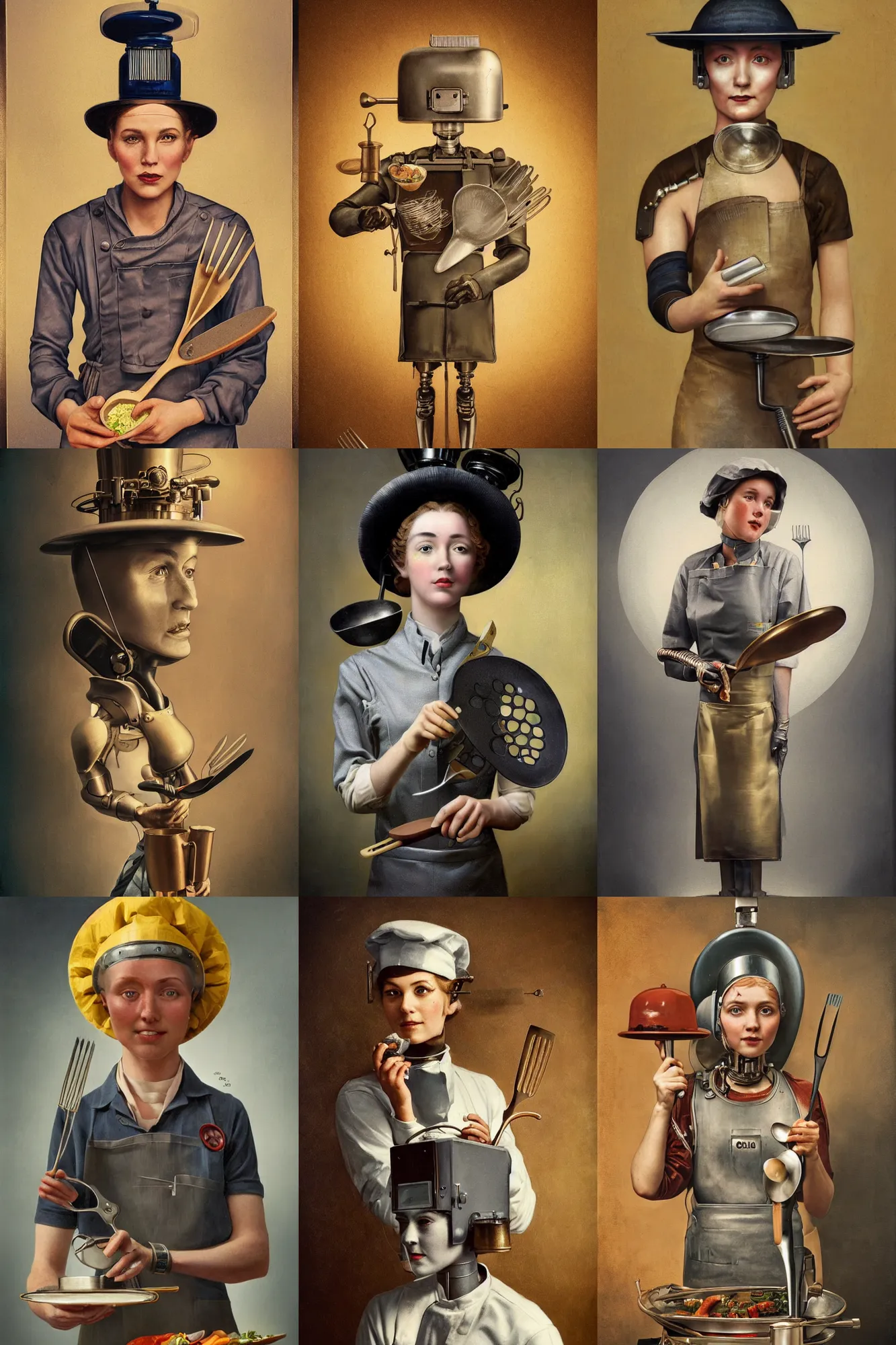 Prompt: a beautiful ultradetailed vintage photo of a cyborg chef wearing a chef's hat, chef holding a spatula, by tom bagshaw and anna dittman, portrait, 2 4 mm lens, golden ratio composition, detailed face, studio photography, very detailed, humanoids, industrial robots, artstation, 8 k, highly coherent