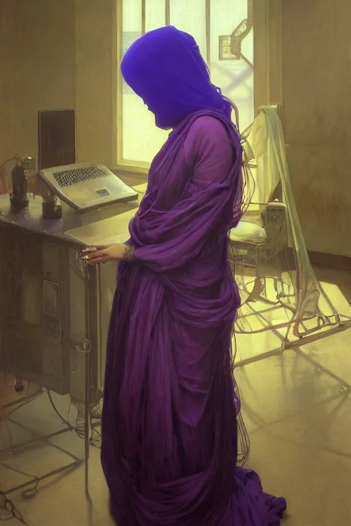 Image similar to hyperrealist portrait of a young hyderabadi muslim american woman wearing a purple niqab, it is decorated with long wires and computer monitors are all over their body within the cyberpunk office background. by jeremy mann and alphonse mucha, fantasy art, photo realistic, dynamic lighting, artstation, poster, volumetric lighting, very detailed faces, 8 k, award winning