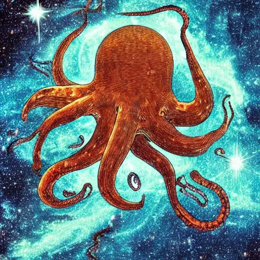 Image similar to a giant octopus god covered in stars in floating among the galaxies of the milky way