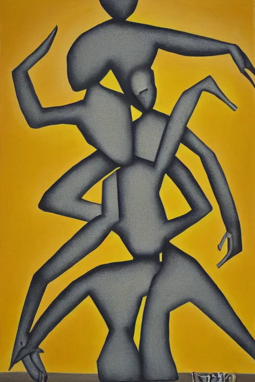 Image similar to neo cubistic painting of two tall figures, sandy yellow muted colors, in the style of Jessalyn Brooks