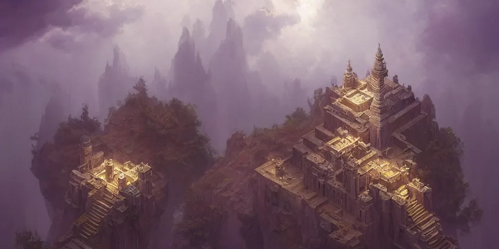 Image similar to an isometric temple in the clouds, by greg rutkowski and james gurney, trending on artstation