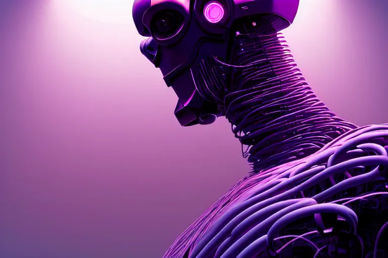 Image similar to hyperrealistic medium shot robot cyborg in wires data! center server! computers! by stanley kubrick highly detailed concept art zdzisław beksinski william gibson westworld hbo cinematic low purple lighting high angle hd 8 k sharp shallow depth of field