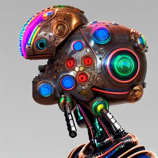 Prompt: a broncestatue of a dieselpunk aztec futuristic robot head wearing brain sensors with multicolored tubes, 8 k, front shot, symetrical, flourescent colors, halluzinogenic, multicolored, insanely detailed, front shot, 3 d render, octane