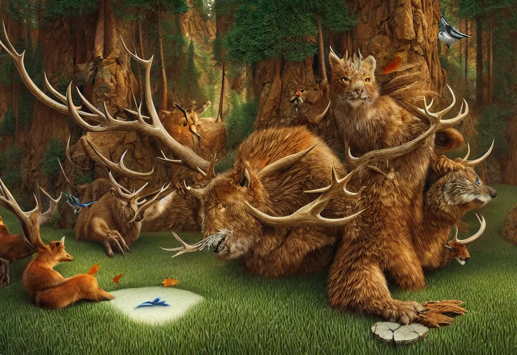 Image similar to bev doolittle hidden animals everywhere enchanted forest ( hidden animals ) drawing elegant, highly detailed, digital painting, artstation, concept art, matte, sharp focus, illustration, hearthstone,