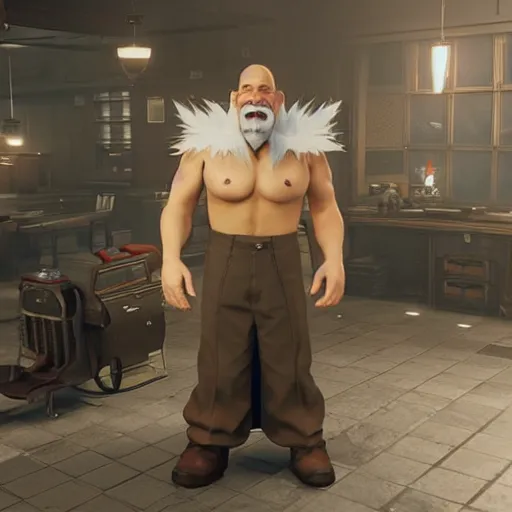 Prompt: the incredible dr. pol in final fantasy vii remake, bald with white mustache, happy expression, character render, full body shot, highly detailed, in game render