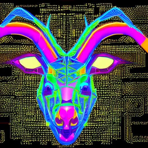 Prompt: cybernetic evil goat head merged with complex circuitry and machinery, multicolored