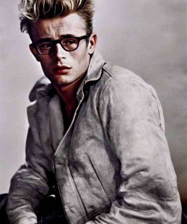 Image similar to a color photograph of james dean, by annie leibovitz, platinum blond, intense, bold, exaggerated, overblown, ultra sharp, extra details, ultra high quality, trending on pinteresst