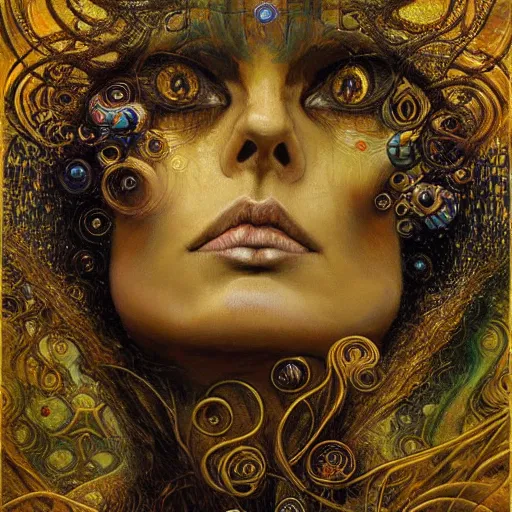 Image similar to Divine Chaos Engine by Karol Bak, Jean Deville, Gustav Klimt, and Vincent Van Gogh, beautiful visionary mystical portrait, sacred, otherworldly, fractal structures, ornate gilded medieval icon, third eye, spirals