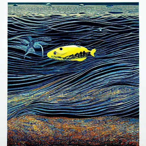 Image similar to weird fishes at the bottom of the sea, painting by stanley donwood and robert wyland, layered texture, shimmering