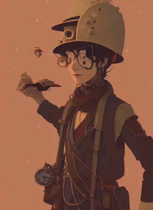 Image similar to detailed portrait of steampunk traveller, by cory loftis, atey ghailan, makoto shinkai, hasui kawase, james gilleard, beautiful, peaceful, calm