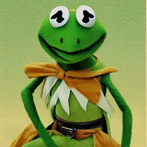 Prompt: kermit the frog, artwork by kitano tsunetomi