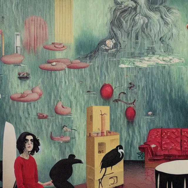 Image similar to tall emo artist in her flooded apartment, painting of flood waters inside an artist's home, a river flooding indoors, pomegranates, pigs, ikebana, zen, water, octopus, river, rapids, waterfall, black swans, canoe, berries, acrylic on canvas, surrealist, by magritte and monet