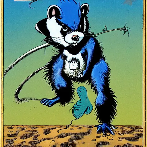 Image similar to a skunk that is blue by richard corben style