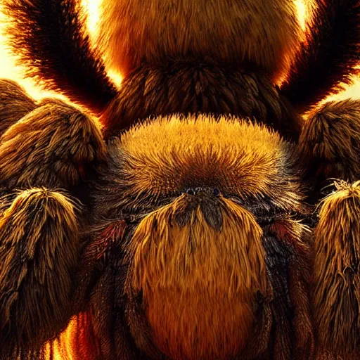 Image similar to colossal fluffy tarantula, golden hour, fantasy, vivid colors, sharp focus, digital art, hyper - realistic, 4 k, unreal engine, highly detailed, hd, dramatic lighting by brom, trending on artstation