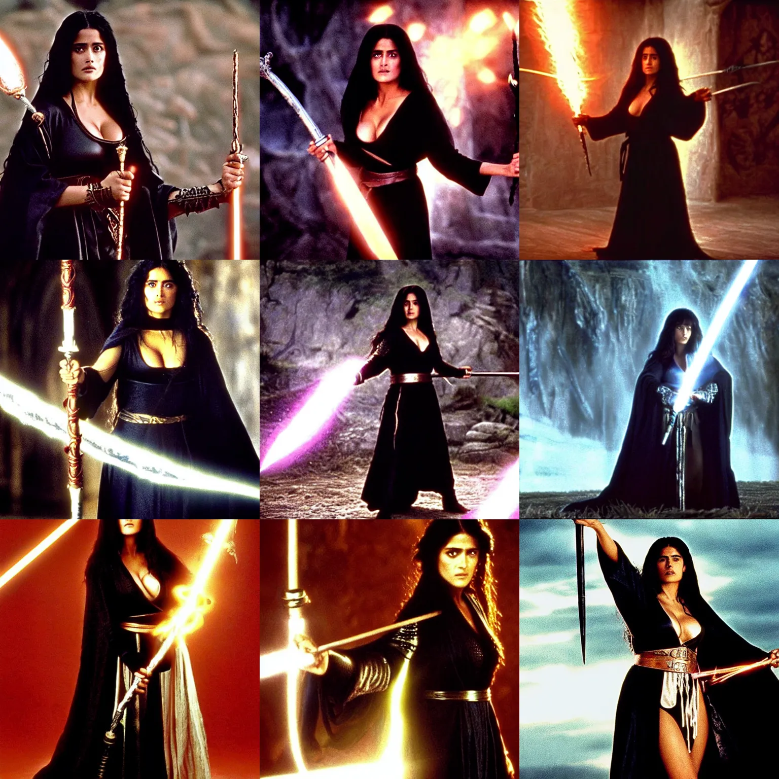 Prompt: epic photo of young salma hayek as beautiful medieval sorceress with very long black hair wearing a black satin robe and metal belt, battle scene, holding her wizard staff electricity emanating from it, sweaty, in the film ladyhawke 1 9 8 5, movie still, cinematography by david fincher