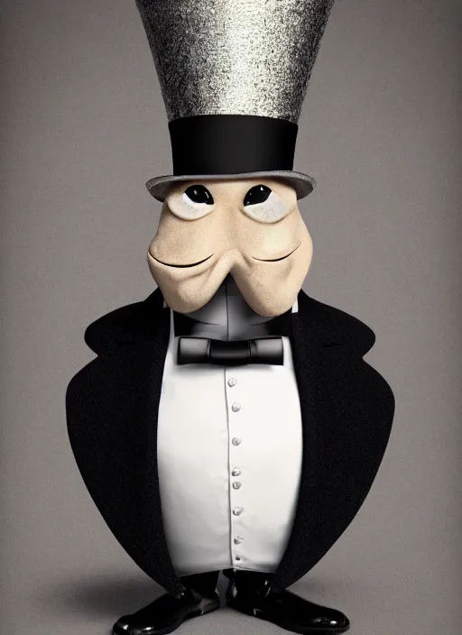 Prompt: closeup portrait of lord snooty wearing a top hat, depth of field, zeiss lens, detailed, symmetrical, centered, fashion photoshoot, by Annie Leibovitz and Steve McCurry, David Lazar, Jimmy Nelsson, Breathtaking, 8k resolution, extremely detailed, beautiful, establishing shot, artistic, hyperrealistic, beautiful face, octane render