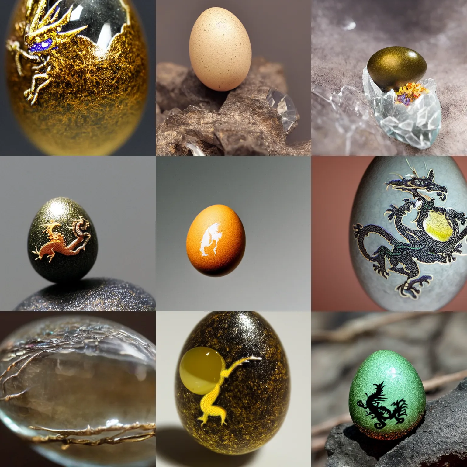 Prompt: A tiny dragon on a cracked crystal egg