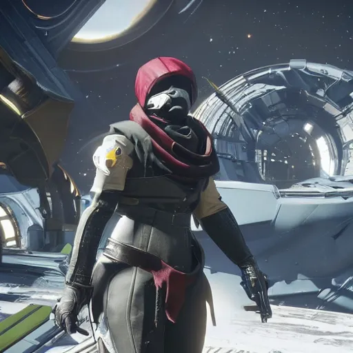 Image similar to exo from destiny 2 repairing her sparrow