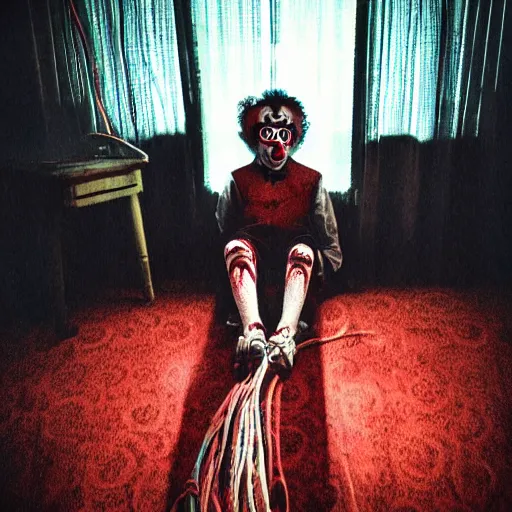 Image similar to Creepy clown-ghost surrounded by cables in dirty motel room, red devil carpet | cyanotype 70's scratched photo | Aesthetics of Silent Hill 3 game