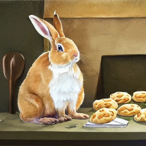 Prompt: a rabbit baking cookies in a kitchen, watercolour realism