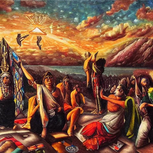 Prompt: black triangle in the sky being worshipped, worshippers, historical oil painting, detailed, award - winning
