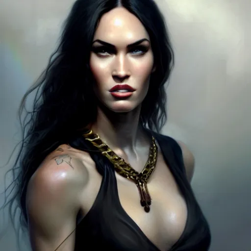 Prompt: portrait of megan fox, muscular upper body, collared, greek, jewelry, black dress, fantasy, intricate, elegant, highly detailed, digital painting, artstation, concept art, matte, sharp focus, illustration, art by aenaluck and roberto ferri and greg rutkowski, epic fantasy, digital painting