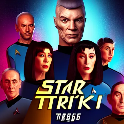 Prompt: Star Trek TNG crew portrait photo, Cyberpunk 2049, highly detailed, pop art poster, vector art, Unreal engine, Octane render, Weta digital, HDRP, RTX, volumetric lighting