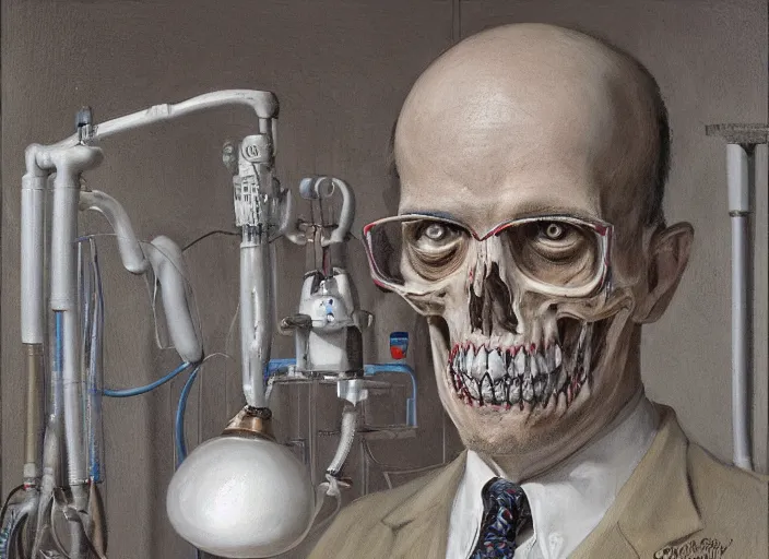 Image similar to a highly detailed spooky portrait of a dentist, james gurney, james jean