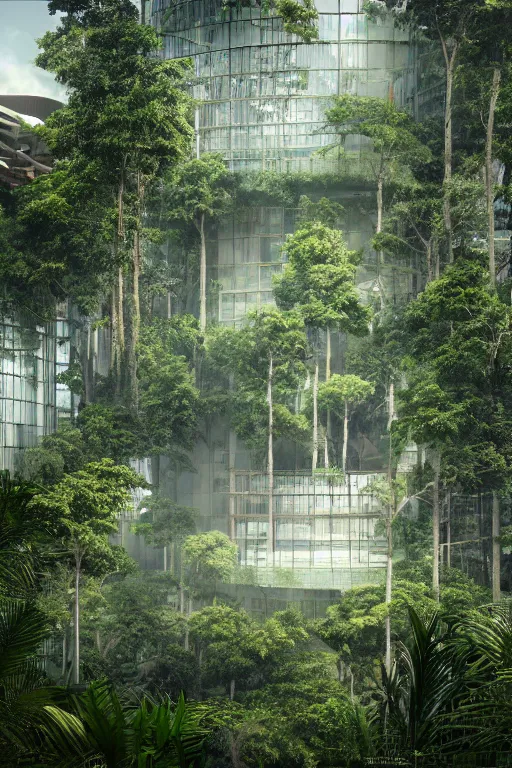 Image similar to architecture inspired by renzo piano deep in the rainforest. nature is taking over. metabolism. matte painting. octane render. hdr. volumetric lighting. global illumination. atmospheric.